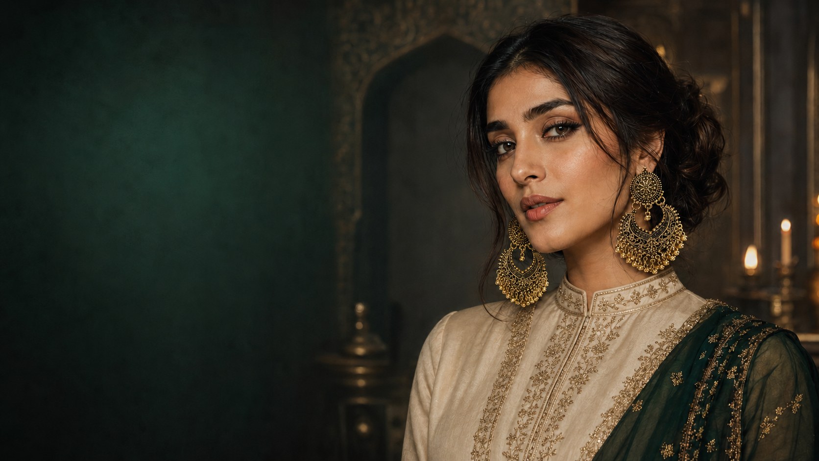 Model wearing gold chandbali drop earrings before a candlelit archway